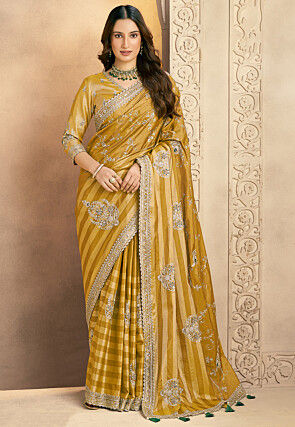 Embroidered Kanjivaram Silk Saree in Mustard