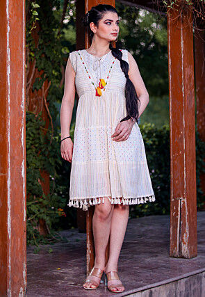 Embroidered Khadi Cotton Aline Dress in Off White