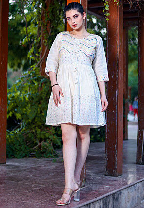 Embroidered Khadi Cotton Aline Dress in Off White
