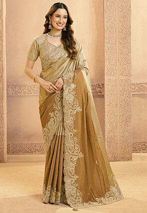 Embroidered Kora Shimmer Silk Saree in Golden and Dark Beige