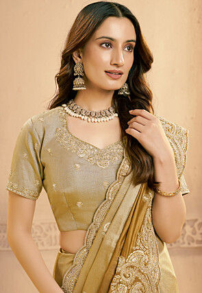Embroidered Kora Shimmer Silk Saree in Golden and Dark Beige