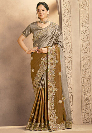 Embroidered Kora Silk Saree in Grey and Antique