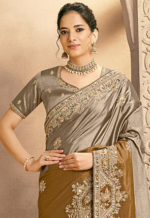 Embroidered Kora Silk Saree in Grey and Antique