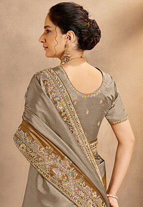 Embroidered Kora Silk Saree in Grey and Antique