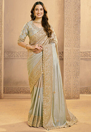Embroidered Kora Silk Saree in Silver and Sky Blue