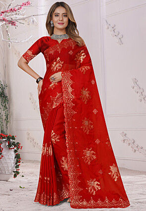 Embroidered Kora Silk Scalloped Saree in Red