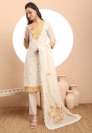 Embroidered Kota Doria Pakistani Suit in Cream