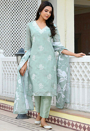 Embroidered Kota Doria Pakistani Suit in Dusty Green