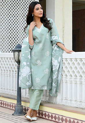 Embroidered Kota Doria Pakistani Suit in Dusty Green