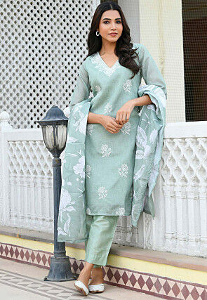 Embroidered Kota Doria Pakistani Suit in Dusty Green