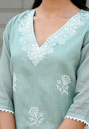 Embroidered Kota Doria Pakistani Suit in Dusty Green