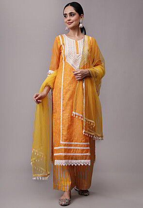 Embroidered Kota Doria Pakistani Suit in Mustard