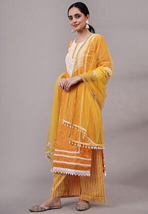 Embroidered Kota Doria Pakistani Suit in Mustard