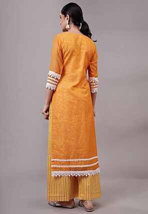 Embroidered Kota Doria Pakistani Suit in Mustard