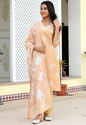 Embroidered Kota Doria Pakistani Suit in Peach