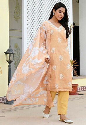 Embroidered Kota Doria Pakistani Suit in Peach