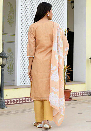 Embroidered Kota Doria Pakistani Suit in Peach