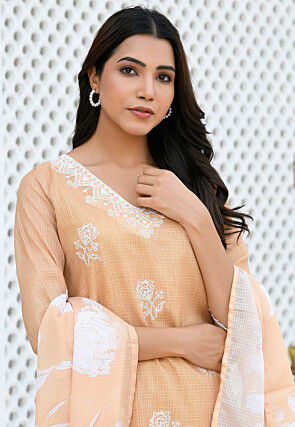 Embroidered Kota Doria Pakistani Suit in Peach