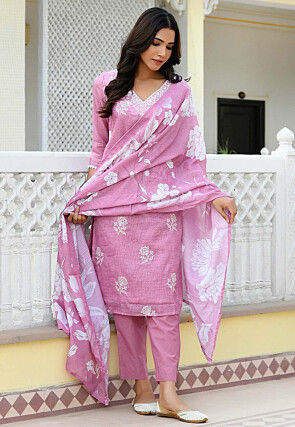 Embroidered Kota Doria Pakistani Suit in Pink
