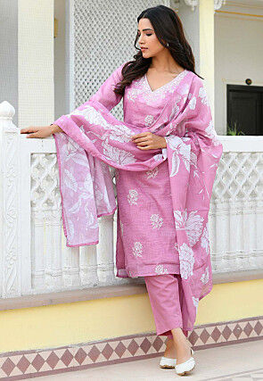 Embroidered Kota Doria Pakistani Suit in Pink