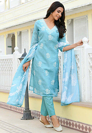 Embroidered Kota Doria Pakistani Suit in Sky Blue