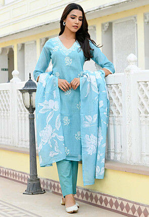 Embroidered Kota Doria Pakistani Suit in Sky Blue