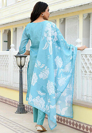 Embroidered Kota Doria Pakistani Suit in Sky Blue