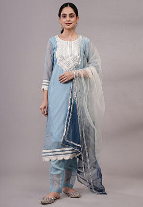 Embroidered Kota Doria Pakistani Suit in Sky Blue