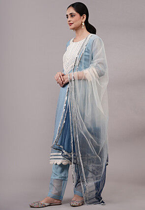 Embroidered Kota Doria Pakistani Suit in Sky Blue