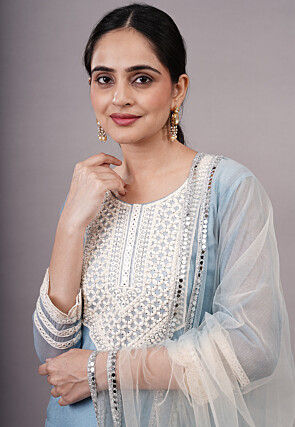 Embroidered Kota Doria Pakistani Suit in Sky Blue