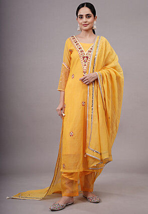 Embroidered Kota Doria Pakistani Suit in Yellow