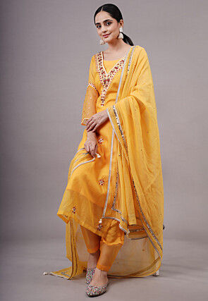 Embroidered Kota Doria Pakistani Suit in Yellow