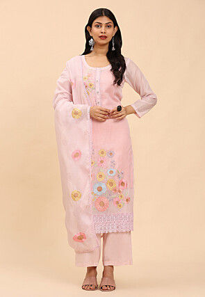 Embroidered Kota Doria Scalloped Pakistani Suit in Light Pink