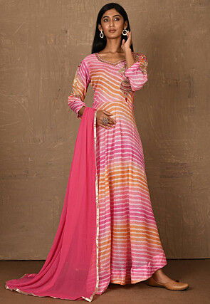 Embroidered Kota Silk Abaya Style Suit in Multicolor