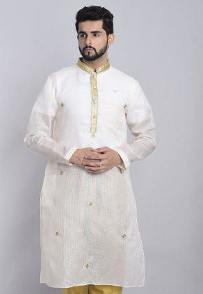 Embroidered Kota Silk Kurta in Off White