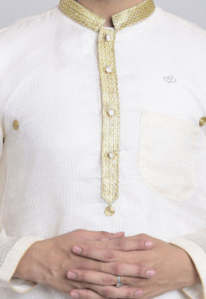 Embroidered Kota Silk Kurta in Off White