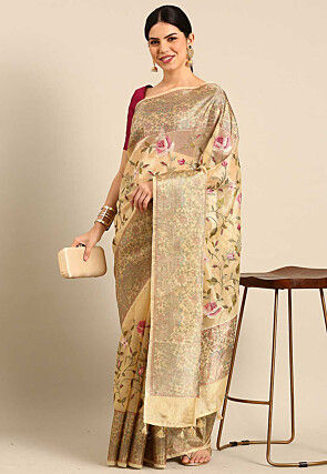Embroidered Kota Silk Saree in Beige