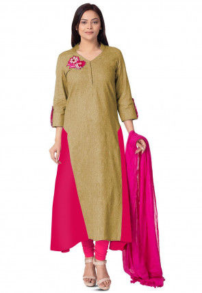 Embroidered Linen Cotton a Line Suit in Beige