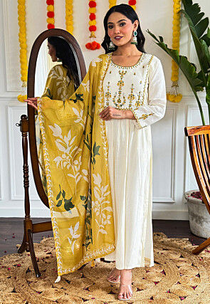 Embroidered Linen Cotton A Line Suit in Off White