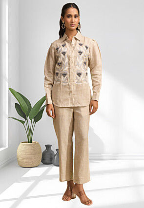 Embroidered Linen Co Ord Set in Beige