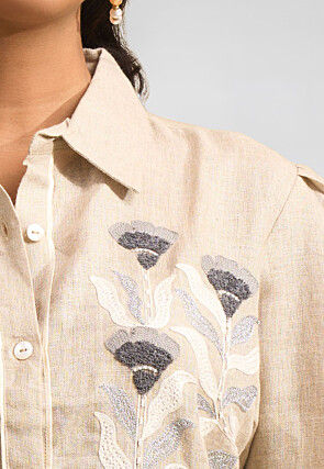 Embroidered Linen Co Ord Set in Beige