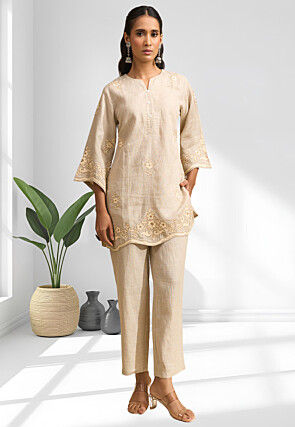 Embroidered Linen Co Ord Set in Beige