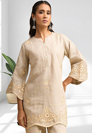 Embroidered Linen Co Ord Set in Beige