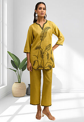 Embroidered Linen Co Ord Set in Mustard