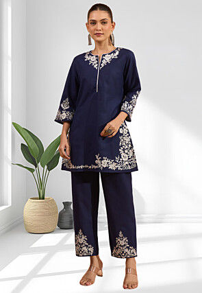 Embroidered Linen Co Ord Set in Navy Blue