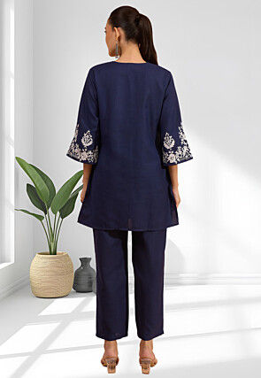 Embroidered Linen Co Ord Set in Navy Blue