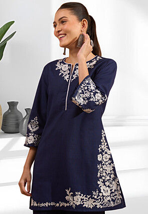 Embroidered Linen Co Ord Set in Navy Blue