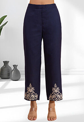 Embroidered Linen Co Ord Set in Navy Blue