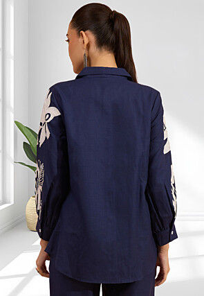 Embroidered Linen Co Ord Set in Navy Blue