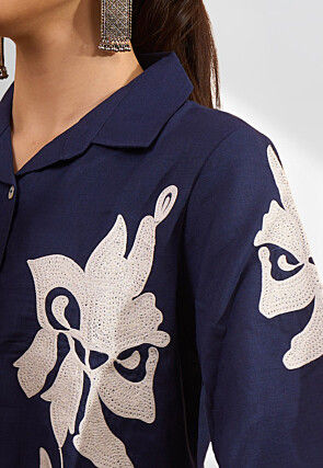 Embroidered Linen Co Ord Set in Navy Blue